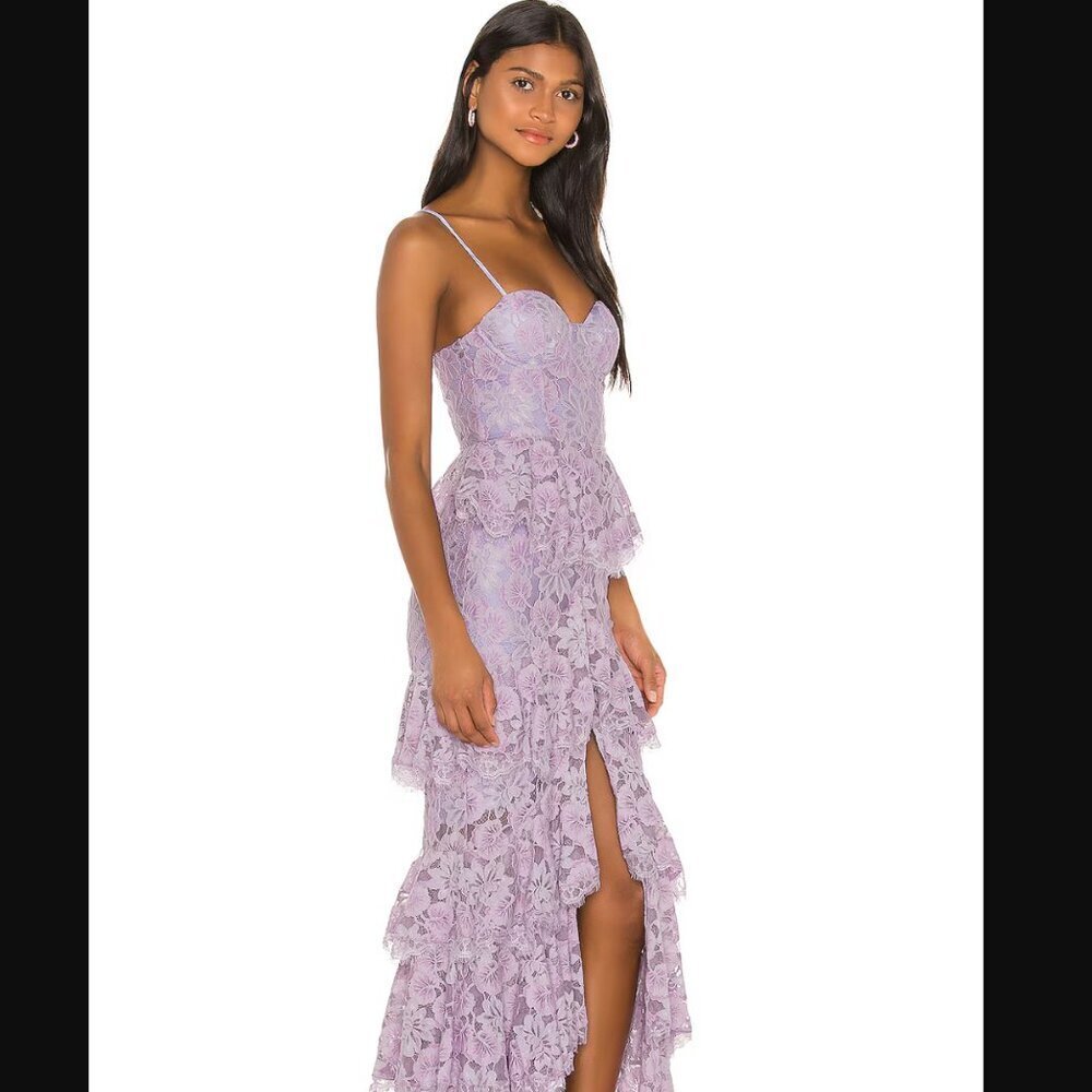 MAJORELLE Zelda Fitz Tiered Lace Dress Gown in Soft Purple Medium $398